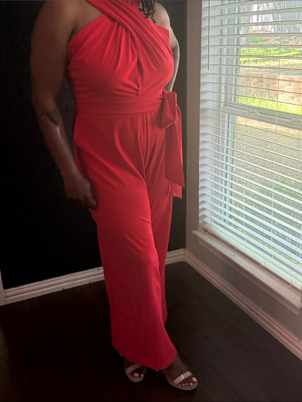 New York & Company Crimson Cross-Neck Jumpsuit with Waist Tie
